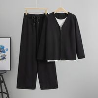 Ensemble pull tricoté pour femme, col en V, fermeture éclair, manches longues, pantalon large, tenue décontractée d'automne, 100 % coton, anti-plis