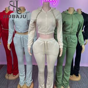 Sportif rahat 2 parça Set kadın kapüşonlu hırka kırpma ceket + İpli yığılmış pantolon basit temel eşofman - Product Image 2