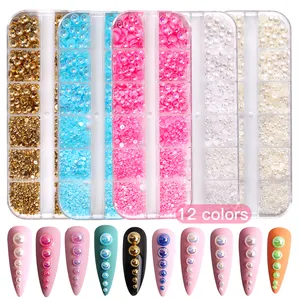 12 Roosters Mix Maten Gradiënt Parel 3d Nail Art Bedels Losse Parel Kralen Nagel Set Halve Ronde Gemengde Maten Flatback Parels