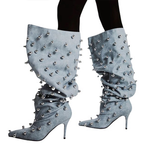 Women Metal Studs Denim Shoes High Heels Pointed Toe Stiletto Knee High <b>Boots</b> Top Wide Pleated Upper Long Booties - Product Image 4