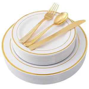 Juego de vajilla desechable de plástico dorado mate, plato, cuchara, tenedor, cena, Hotel, fiesta de boda, vajilla de lujo, 125 Uds.