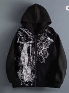 Sweat-shirt à capuche noir gothique surdimensionné pour homme, avec fermeture éclair, broderie 3D, veste à capuche graphique, streetwear d'hiver - Product Image 1