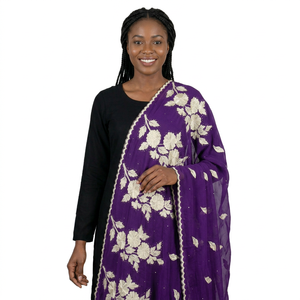 Wholesale Custom Floral Golden Rhinestone Embroidery Lightweight Breathable Long Polyester Voile Women Shawl Scarf Wrap Bulk - Product Image 1
