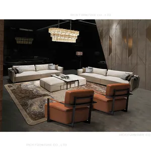 Venta al por mayor 3 4 plazas sofás-Sofá modular grande de lujo para sala de estar, conjunto de 3 o 4 plazas, con marco de madera de cuero puro, color blanco arroz