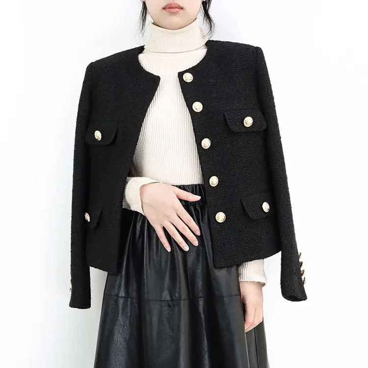 European and American short Korean tweed wool is thin and black slim women's short coat