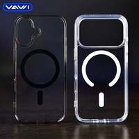 VAWI C028 Coque de téléphone transparente magnétique avec bouton métallique, compatible avec iPhone 12 13 14 15 16 17, antichoc, PC transparent, coque de téléphone