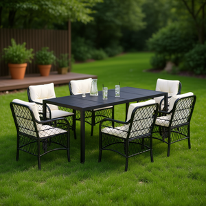 Set da Pranzo da Giardino Bianco Crema e Nero per 6 Persone, Struttura in Rattan e Metallo, Resistente alle Intemperie, Design Contemporaneo - Product Image 2