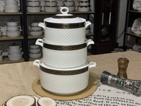 Offre Spéciale – Pot à Soupe en Céramique de Luxe Doré à Double Anse avec Couvercle – Petit Pot en Céramique pour Servir – Vente en Gros