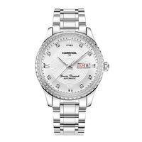 Montre mécanique pour homme CARNIVAL en acier inoxydable incrustée de strass, chiffres romains, affichage double date, aiguilles lumineuses, saphir