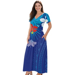 Vestido Maxi Casual de Manga Corta con Cuello en V y Estampado de Flores Polinesias y Aves del Paraíso, Hecho a Medida, en Oferta - Product Image 3