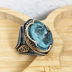 Bagues vintage vertes turques en pierres précieuses pour hommes, style arabe musulman islamique, en argent, accessoires de bijouterie pour le Ramadan - Product Image 2