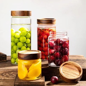 Pot de stockage en verre en bois d'acacia Bouteille scellée en verre de qualité alimentaire pour la cuisine pour les <span class=keywords><strong>feuilles</strong></span> de thé séchées Mandarine Peler le stockage des aliments - Product Image 3