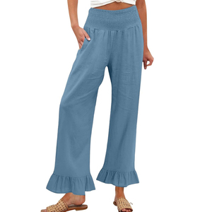 <span class=keywords><strong>Pantaloni</strong></span> <span class=keywords><strong>Palazzo</strong></span> da Donna <span class=keywords><strong>a</strong></span> Gamba Larga in Cotone 70% <span class=keywords><strong>Lino</strong></span> 30% con Vita Alta e Orlo Arricciato, Stile Boho Estivo Casual e Fluido - Product Image 5