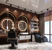 Mobilier de salon de luxe pour hommes, conception intérieure personnalisée pour salon de coiffure avec vitrines de présentation, fabrication
