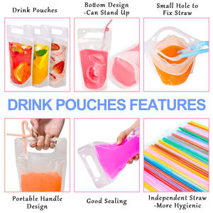 كيس بلاستيكي قائم بسحَّاب من الأكياس ، بعلامة مخصصة للاستعمال مرة واحدة شعار كيس عصير شفاف أكياس مشروبات مع ماصّة - Product Image 5