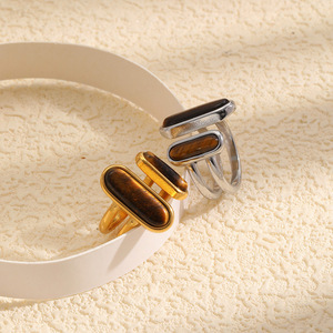 Stainless Steel 18K Gold Plated <b>Tiger</b> <b>Eye</b> Stone Open <b>Ring</b> Retro Geometric Statement Finger <b>Ring</b> For Women Trendy Daily Jewelry - Product Image 5