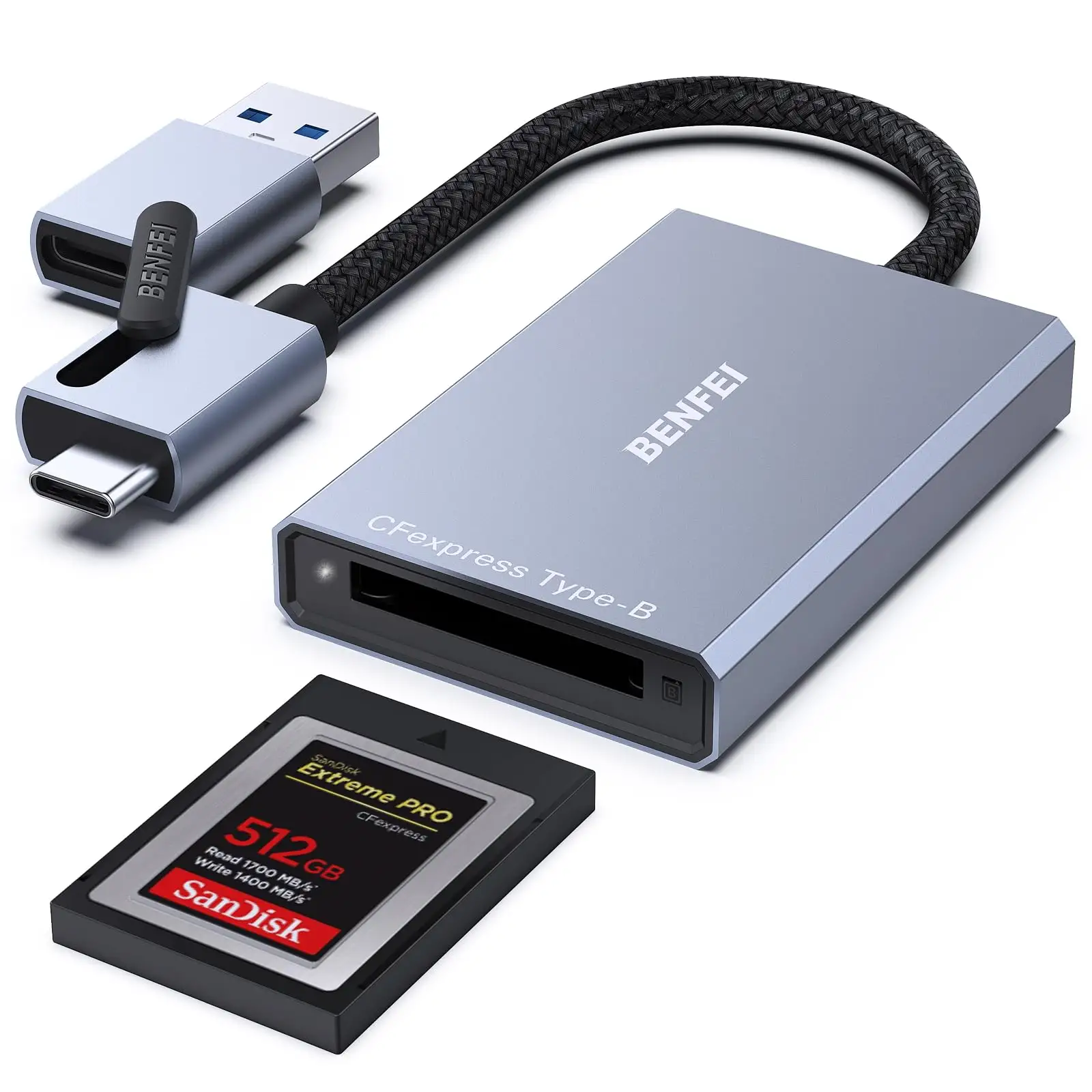 قارئ بطاقات CFexpress بمواصفات 10Gbps، USB-C/USB-A 2-في-1 Type B مهايئ CFexpress متوافق مع Windows/Mac/Linux/Android