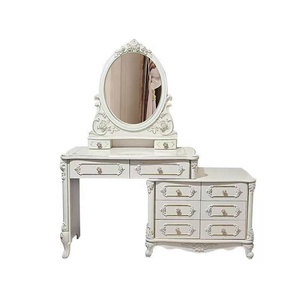 White Carved Wood Makeup <b>Vanity</b> Set Oval Mirror Dressing <b>Table</b> Storage Cabinet Bedroom Furniture - Product Image 1