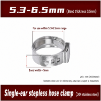 VEROGO Collier de serrage à oreille unique en acier inoxydable 304, 5.3-6.5mm 7.0-8.7mm, pince de fixation sans vis sans fin pour tubes d'eau, d'huile et de gaz