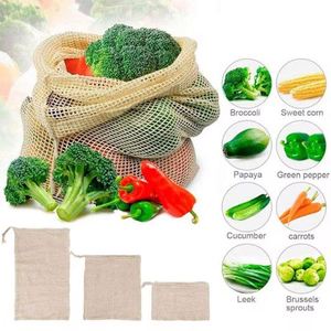 Bolsa de Compras de Malla de Algodón Reutilizable Personalizada al por Mayor con Cordón y Diseño de Letras Estampadas para Frutas y Verduras - Product Image 1