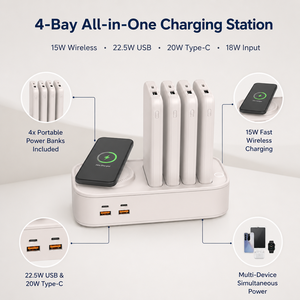 Station de recharge de batteries externes partagée à quatre emplacements avec charge rapide USB-A 22,5 W et USB-C 20 W pour utilisation multi-appareils - Product Image 1