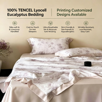 Parure de lit moderne en lyocell d'eucalyptus 100 % tissé, motif végétal imprimé, garnie de soie, 300 fils au pouce carré