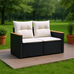 Sofá de Jardín de Madera de Acacia Sólida con Ratán Negro, Muebles de Exterior de Dos Plazas, Diseño Contemporáneo y Duradero - Product Image 2