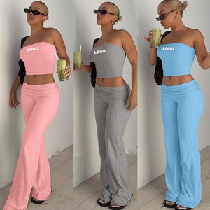 Completo Estivo da Donna con Top Corto e Pantaloni a Zampa, Set Due Pezzi Tinta Unita, Tuta Sportiva - Product Image 2