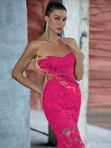 Vestido <span class=keywords><strong>de</strong></span> <span class=keywords><strong>Fiesta</strong></span> Transparente con Encaje Bordado <span class=keywords><strong>de</strong></span> Ocstrade, Precio Económico <span class=keywords><strong>de</strong></span> Fábrica, Sin Mangas, con Aberturas, Color Rojo Rosa, Vestido <span class=keywords><strong>de</strong></span> Noche Elegante - Product Image 2