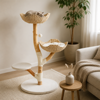 Arbre à Chat en Bois Véritable de Luxe Moderne, Vente Flash, Design Multi-Niveaux avec Fleur Unique en Peluche, Arbre à Chat Vente Flash