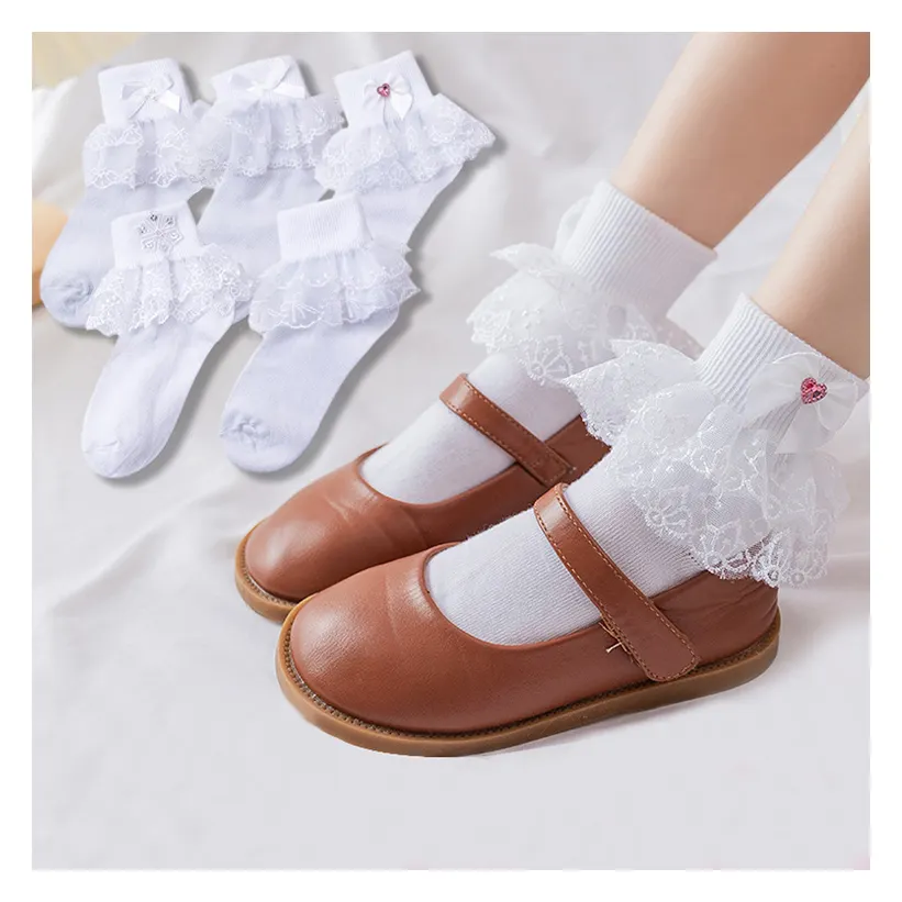 Оптовая продажа, белые кружевные детские носки с рюшами для маленьких девочек