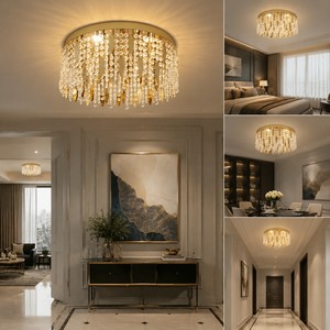 Luminaires de plafond LED modernes en cristal doré rond, en acier inoxydable doré de luxe, changeant de couleur (3 couleurs), pour chambre à coucher - Product Image 3