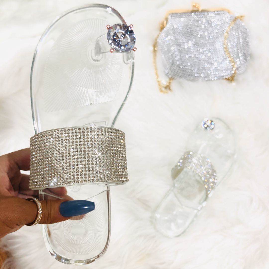 Новинка 2021 года; Летние женские сандалии; Модные пляжные шлепанцы со стразами; Прозрачные шлепанцы на плоской подошве; Повседневные женские сандалии с кристаллами