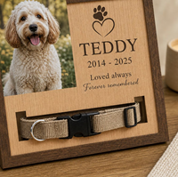 Cadre commémoratif personnalisé pour collier d'animal de compagnie avec nom et années gravés, cadre de présentation en bois pour la commémoration de la perte d'un chien ou d'un chat