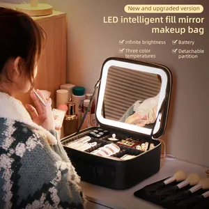 Beauty Travel Makeup Case With Large Lighted Mirror Cosmetic Bag Professional Cosmetic Artist Bag Thread Cover Aluminum Velvet