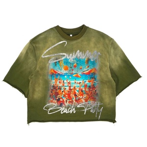 เสื้อยืดคอตตอนทรงโอเวอร์ไซส์ แขนสั้น ทรงบ็อกซี่  แบบครอป  ยูนิเซ็กส์  วินเทจ  ลายฟอกสี  สำหรับผู้ชาย - Product Image 1