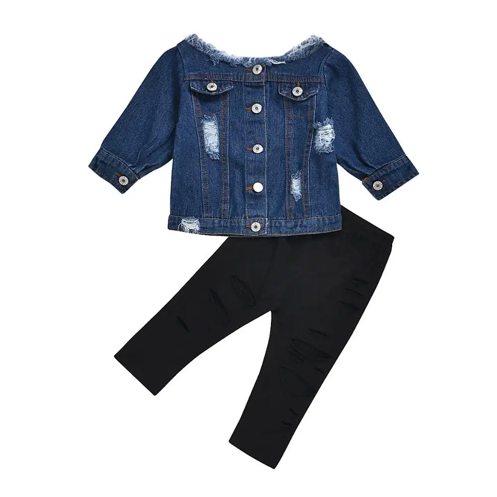 Baby Girl Clothes Off Shoulder Demin Top + Ripped Pants 2個Set Children Kids Spring Summer Clothing 2 3 4 5 6Years Outfit