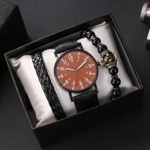 3 Pcs/Set Watch With Bracelet Set And Gift Box Packing Jewelry Natural Stone Leather Bracelets Bangles Watch Sets