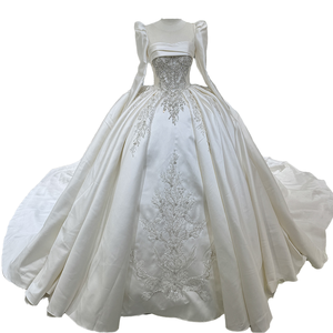 Nouvelle Robe de Bal Classique Française S1522N de Haute Qualité, Coupe A-Line, Manches Longues en Satin, Taille Naturelle Amincissante, Traîne Courte en Dentelle, Longueur Ras du Sol - Product Image 1