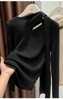 Diseño de manga larga de punto de lana para mujer Otoño Invierno bufanda cuello fuera del hombro capa base superior