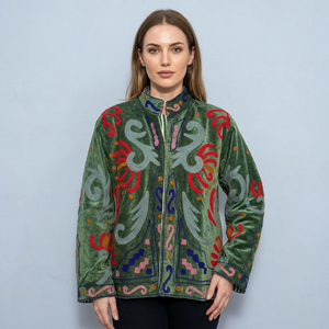 Women's <b>Velvet</b> Knitted Woven Embroidered Turn-down Collar Blazer Full Sleeve Autumn <b>Jacket</b> - Product Image 1