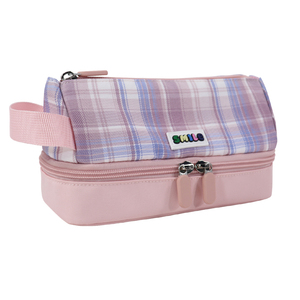 Trousse à crayons personnalisée à carreaux avec base rose et patch souriant |   Sac de papeterie multifonctionnel pour l'école et le bureau - Product Image 2
