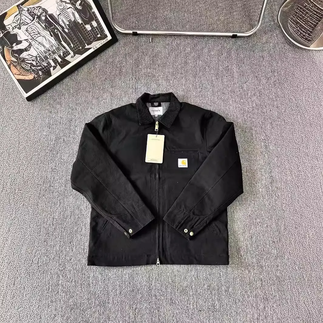 Detroit Men's Flip Collar Vintage Bomber Jacket Long Woolen Work Coat For Autumn/Winter Zipper Closure
