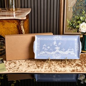 Light Blue Floral Ceramic Rectangular Serving Tray With Gold Rim and Gift Box Elegant Porcelain Platter for Dining and Decor - Product Image 1