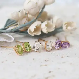 Colorful simple earrings for women peridot red pomegranate amethyst citrine white topaz gold-plated earrings fashion jewelry