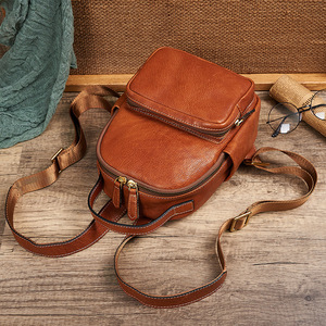 Retro Casual <b>Backpack</b> For Women Genuine Leather Top Layer Cowhide Handmade <b>Brown</b> Solid Color Detachable Strap 20L And Below - Product Image 3