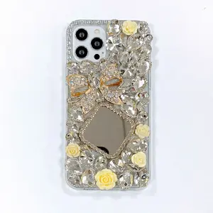 Luxury diamond mobile phone case with makeup mirror For Samsung galaxy s23 ultra rhinestone bling cover s22 s21 plus