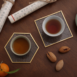 Copper Strip Embossed Glass Coaster <b>Square</b> Shape Handmade Tea Cup Pad Home Decorative Mat - Product Image 4