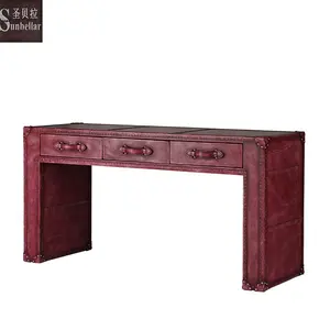יוקרה קונסולת שולחן עם אחסון סלון חדר כניסת מלון מסדרון עתיק בציר אדום אמיתי עור שולחן עם 3 מגירות