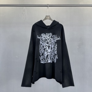 Sweat à capuche personnalisé surdimensionné, épais (450g), style vintage, tendance urbaine, avec découpe irrégulière en forme de T, bordure style <span class=keywords><strong>rap</strong></span> et imprimé style ancien - Product Image 2